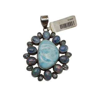 Larimar Opal Gemstone Pendant Sterling Silver Setting Blue Iridescent Stones